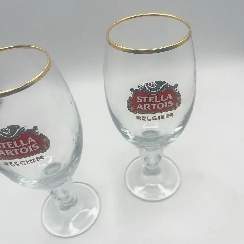 STELLA ARTOIS Belgium Chalice Beer Glass 33 CL Gold Rim (Set Of 2)